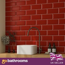 Gloss Red Brick Bevel Subway Metro Kitchen Bathroom Wall Tiles | 100x200mm Box