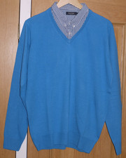 James Pringle Mens Blue Jumper / Pullover with fake checked shirt, size L -BNWOT