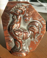 COLLECTIBLE KITCHENALIA – ANTIQUE TINNED COPPER CHOCOLATE MOULD COCKEREL ROOSTER