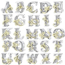 A-Z 925 Silver CZ Alphabet Letter Charm Beads Gold Accent Fit Bracelet Necklace