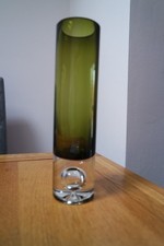 Vintage Modernist Glass Vass - Olive Green And Clear Fused Design