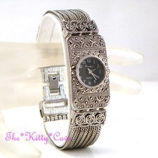 Silver & Black Victorian Deco Baroque Nouveau Regency Marcasite Bracelet Watch