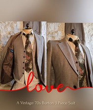 A Smart Vintage 70s Beige Pinstripe Mens 3 Piece Suit By Burton Chest 36" W 32"