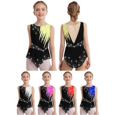 Kids Girls Sleeveless Gymnastics Leotard Shiny Rhinestones Color Block Bodysuit