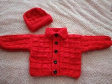 NEW HAND KNITTED CARDIGAN AND HAT FOR 3-6 MONTH BABY BOY