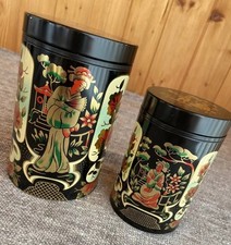 2 x Vintage ORIENTAL GEISHA Tea Cannisters Storage Tins Containers Large Small