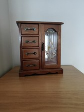 Vintage Wooden Jewellery Box With Drawers And Decorative Glass Door Used