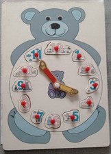 Wooden Teddy Bear Learning Clock & Number Puzzle: Good Condition