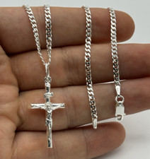 925 Solid Sterling Silver Medium Crucifix Cross Necklace 22 Inch Curb Chain