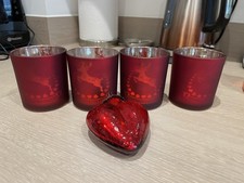 Next CHRISTMAS Stag Design Glass Candle / Tealight Holders X 4.  Red & Gold