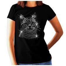 Womens Cat Rhinestone T Shirt - Kitten Tabby Diamante Crystal Design - any size