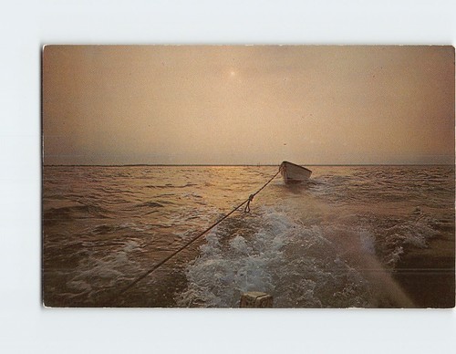 Postcard towing dory behind - towing,