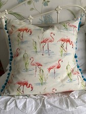 Large Handmade Cushion/Feather Pad Cotton Flamingo Fabric 22” x 21” Bobble Trim