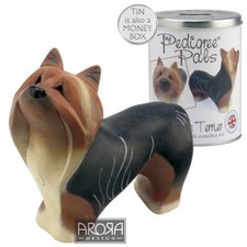 ARORA PEDIGREE PALS YORKIE FIGURINE INSIDE MONEY TIN - NEW
