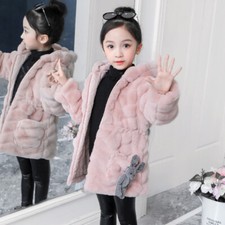Kids Girls Furry Parka Coat Winter Warm Hooded Jacket Solid Color Overcoat NEW