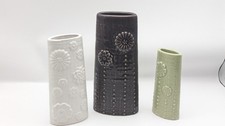 NEXT Set of 3 Ceramic Vases – Floral Embossed Design – White, Grey & Sage Green