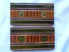 2 Old Pilkington Majolica Victorian / Edwardian Green + Brown Border tiles 6"x3