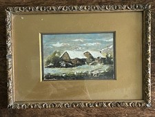 Winter  scene with cottages. Old framed oil painting.