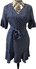 Tenki Blue & White Half Sleeve Belted Frilled Hem Dress. Size 10