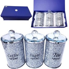DIAMOND CRUSHED SILVER CRYSTAL FILLED TEA COFFEE SUGAR CANISTERS JARS STORAGE UK