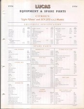 Citroen Light 15 & 2CV 1954 Lucas Spare Parts List Single Sheet NOT ILLUSTRATED 