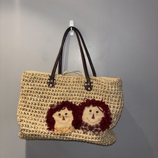 Woven Large Straw Tote Drawstring Lining Raggedy Ann & Andy Appliqué Artsy