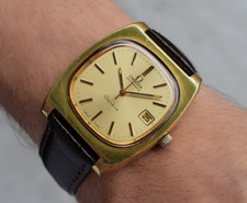 1973 Vintage Omega Men's Watch Square TV Dial Gold Rare Automatic Date Sunburst