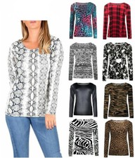 Womens Ladies Long Sleeve Printed Tops Casual Tops Stretchy Top UK (8-22)