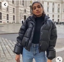 ZARA WOMAN NWT FW23 BLACK SHORT FAUX LEATHER PUFFER JACKET SIZES S 3427/793