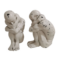 Male Figure Ornaments Pair 10" Resin x2 Full Body Vintage Style White Chippy