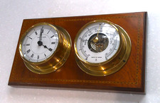 QUALITY COMITTI OF LONDON SHIPS BRASS CLOCK & BAROMETER ON INLAID MAHOGANY WOOD
