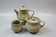 Rare and lovely moss green Crowan Pottery set - small tea pot, coffee pot, jug