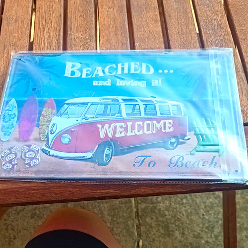 Embossed metal beach sign - beach,