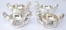 4 Hen Form Chicken Egg Cups Set Of Four Metal Silver Colour Breakfast Tableware