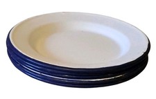 Vintage Enamel Plates – Set of 5 – White with Navy Rim – Classic Kitchenware