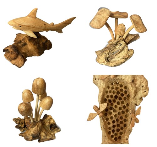 Hand carved mushroom and bee - hand,