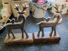 Pair Of Christmas Metal Reindeer  On Wooden Bases