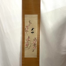 Beautiful Boxed Vintage Chinese Bamboo Scroll Painting Swallows Cherry Blossom
