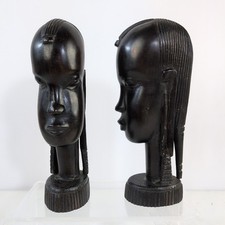 Pair of African Ebony Vintage Hand Carved Wooden X 2 Heads Art Deco Decor