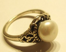 STERLING SILVER LARGE SOLITAIRE PEARL DRESS RING WITH SCROLL SHANKS  SIZE P