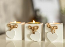 3pc Tealight Candle Holders White Wooden Heart Home Decor Lighting Decorative