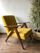 Mustard Yellow Linen Mid Century Danish Style Armchair.