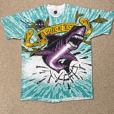 VINTAGE Maui and Sons T Shirt Mens Medium Single Stitch Surf Skate Shark AOP 90s