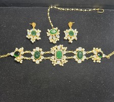 Elegant Green Mother Of Pearl & AD Set With Matching Earrings And Tika