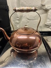 Vintage Copper(plated) Tea Kettle Pot with Ceramic flower Handle & Knob & trivet