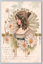 Art Nouveau Lady & Daisies French THEO STROEFER Postcard c1901 Belle Epoque
