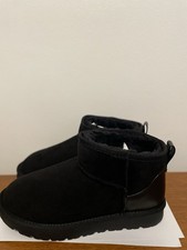 NEW BLACK SLIP ON PULL ON FAUX FUR LINED SUEDE FLAT BOOTS UK 6