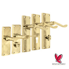 Door Handle Modern Victorian Scroll Brass handles, Bath Lock Latch  118 x42mm