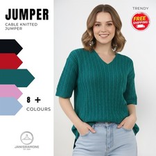 Womens Cable Knit Jumper Chunky V Neck Oversized Short Sleeve Pullover Sweater