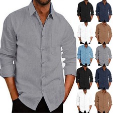 Mens Plain Long Sleeve Shirt Button Down Polo Casual Loose Work Office Top 38-46